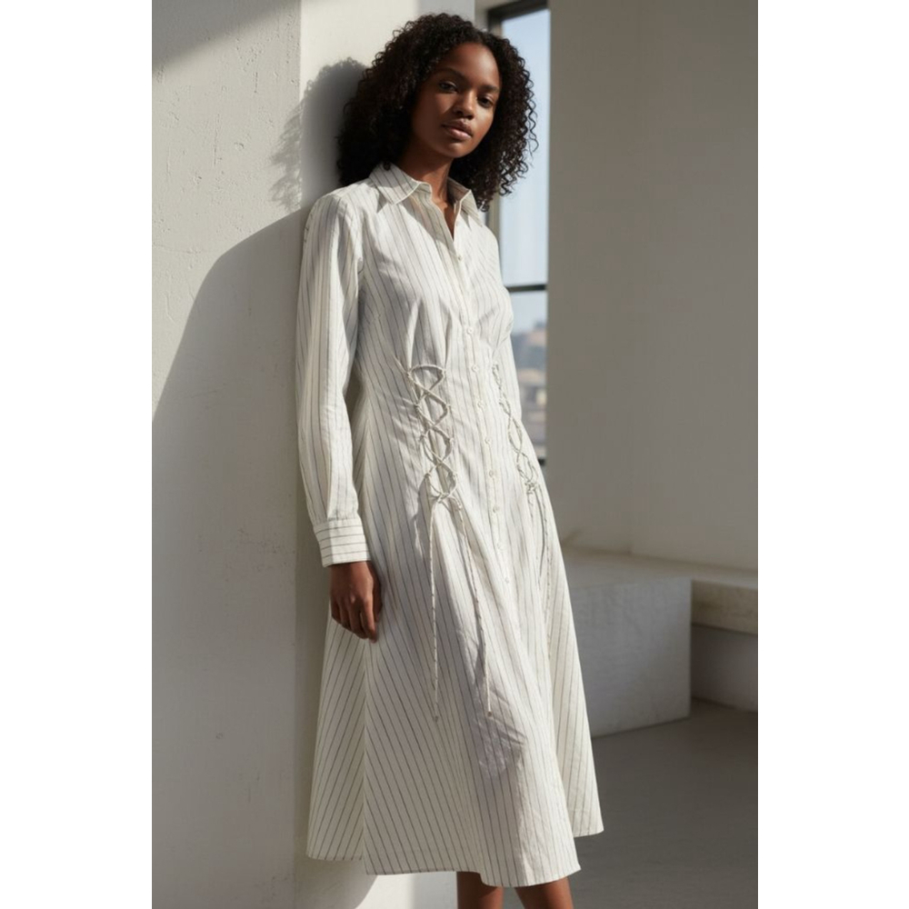 Trina Turk Long Sleeve Striped Shirtdress White Brown XS